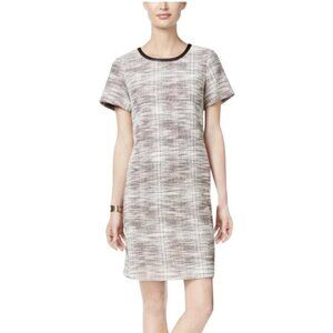 Tommy Hilfiger Gray London Tweed Shift Dress, Faux Leather Neckline Women’s 14